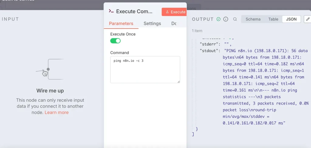 Screenshot of an n8n ‘Execute Command’ node configured to run the command ‘ping n8n.io -c 3,’ showing the JSON output panel on the right with successful ping statistics and zero packet loss.