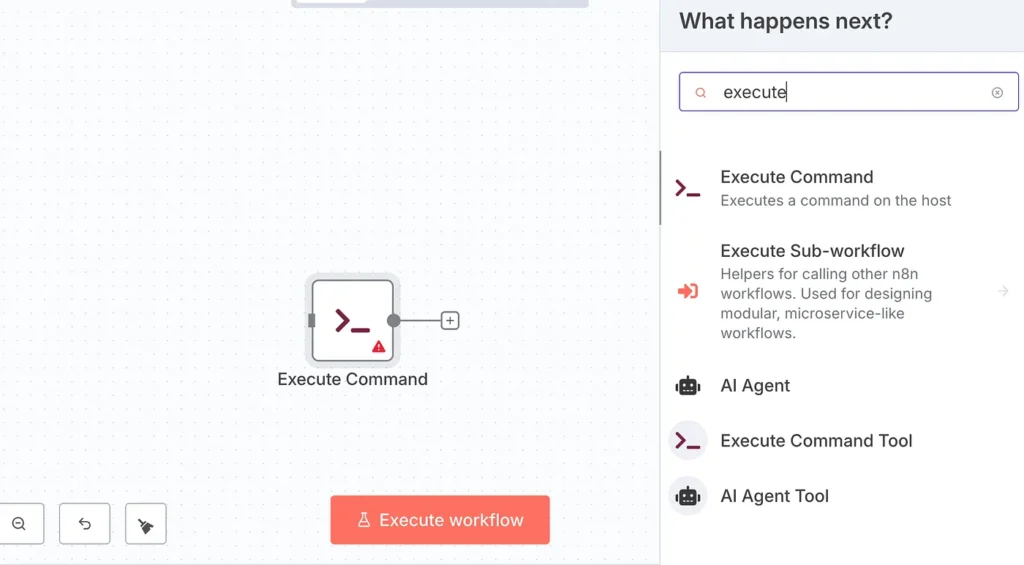 Screenshot of an n8n workflow editor showing an ‘Execute Command’ node and the right-side panel suggesting related nodes such as ‘Execute Sub-workflow,’ ‘AI Agent,’ and ‘Execute Command Tool.’ The search bar contains the keyword ‘execute.’