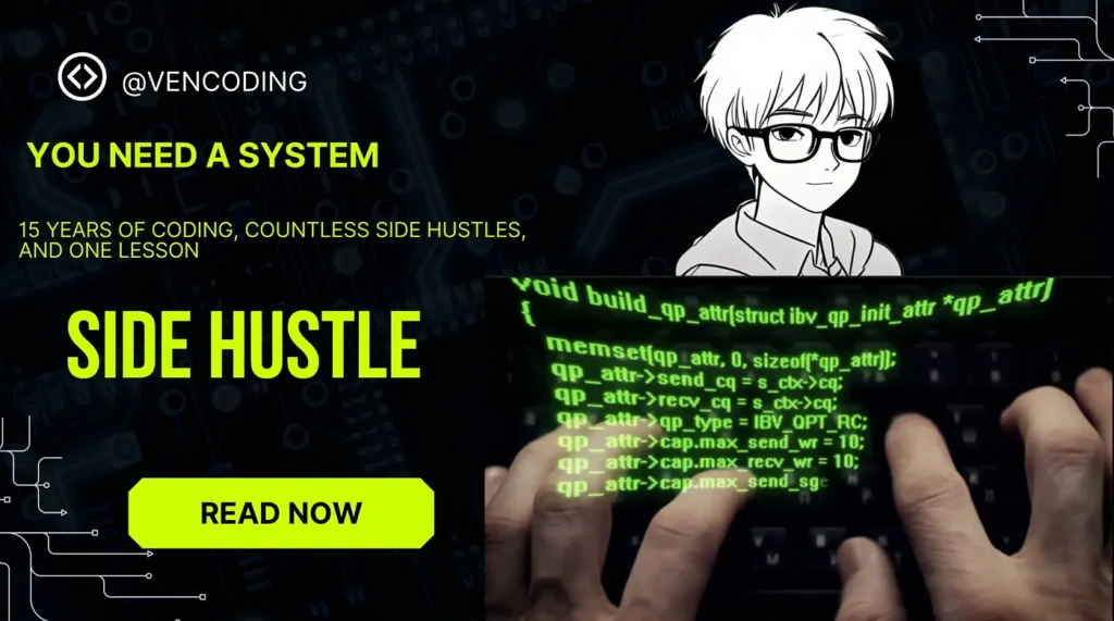 Banner image for an article titled ‘You Need a System — Side Hustle’. Illustration of a programmer typing code on a keyboard with glowing green text and an anime-style avatar of @vencoding, representing 15 years of coding and side hustle experience.