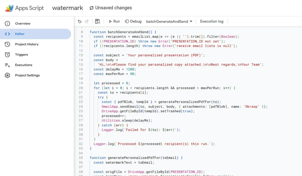 Screenshot of a Google Apps Script project titled ‘watermark’ showing JavaScript code for a batch email automation script that generates personalized PDF files and sends them via Gmail using the DriveApp and Utilities APIs.
