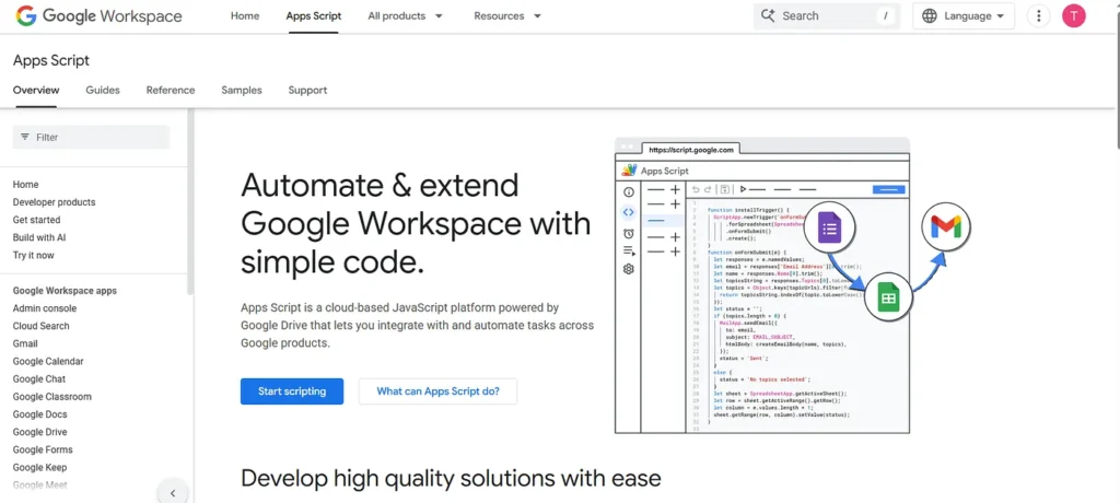 Screenshot of the Google Apps Script homepage showing the tagline ‘Automate & extend Google Workspace with simple code,’ featuring a code editor interface connected to Gmail, Google Forms, and Google Sheets.