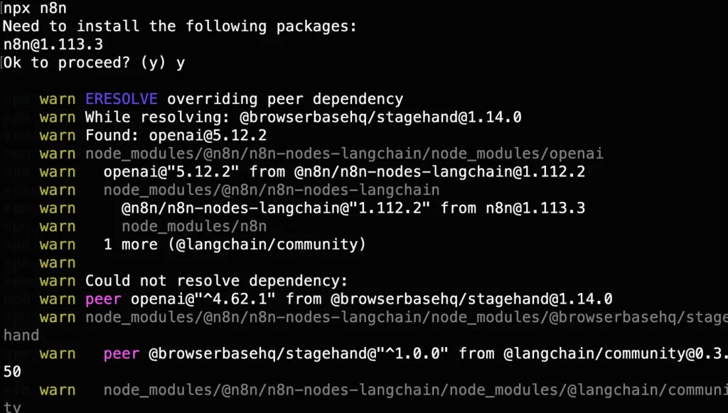 Terminal screenshot showing the installation of n8n via npx, including dependency resolution warnings for OpenAI and LangChain modules, and ERESOLVE peer dependency messages.