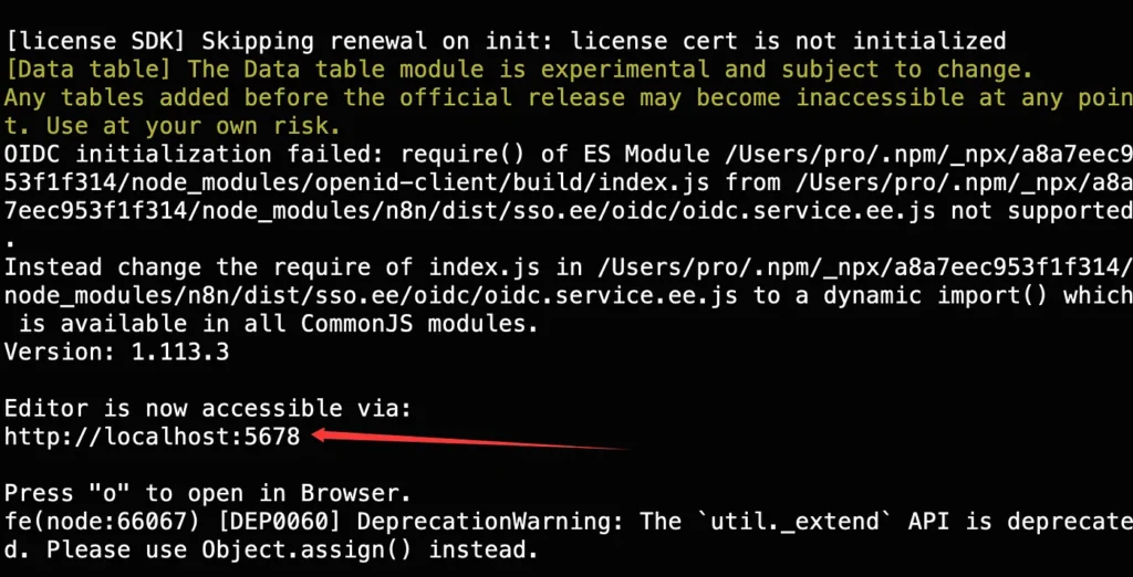 Terminal screenshot showing n8n startup logs with warnings about experimental Data table and OIDC initialization errors, ending with the message ‘Editor is now accessible via http://localhost:5678