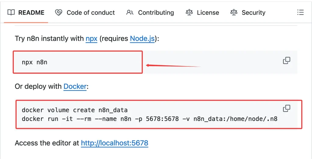 Screenshot from the n8n GitHub README showing quick start commands using ‘npx n8n’ and Docker deployment instructions with ‘docker volume create n8n_data’ and ‘docker run -it --rm --name n8n -p 5678:5678’.