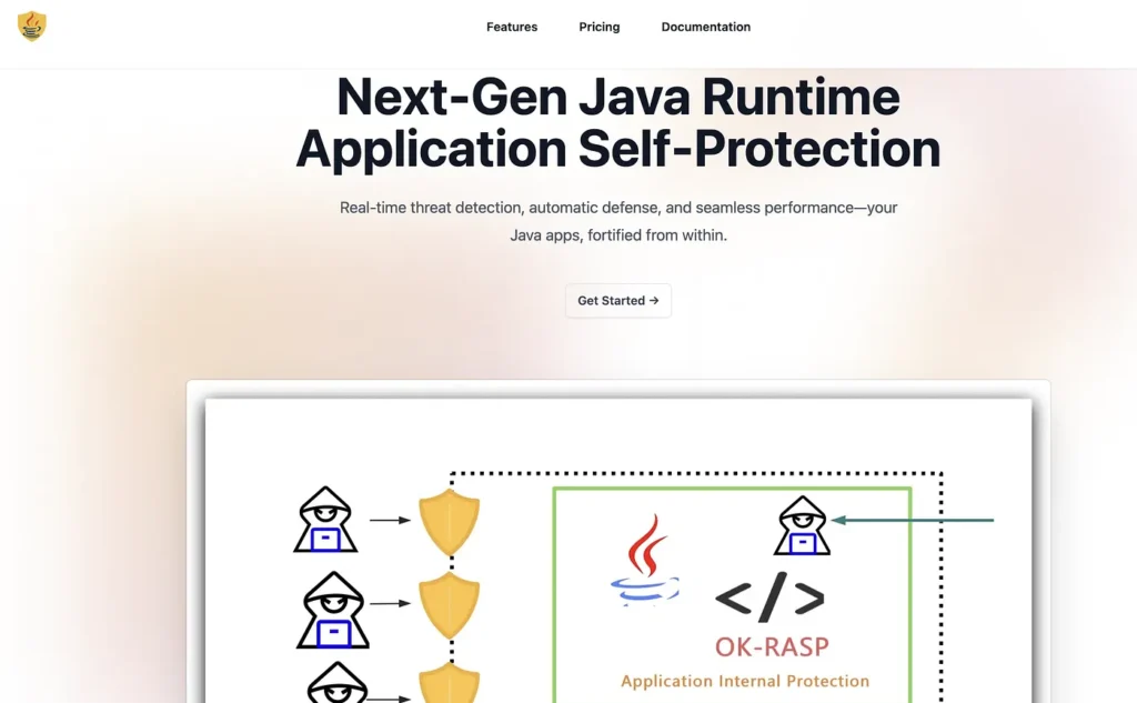 Screenshot of the OK-RASP homepage featuring the headline ‘Next-Gen Java Runtime Application Self-Protection’ with a diagram illustrating shield icons defending Java applications from internal threats.