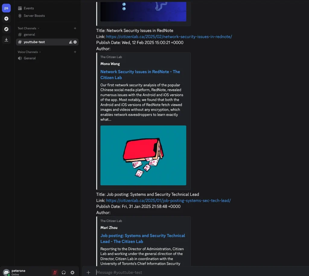 Screenshot of a Discord channel named #youtube-test showing automated posts from The Citizen Lab, including an article titled ‘Network Security Issues in RedNote’ and a job posting for a Systems and Security Technical Lead, with thumbnails and metadata displayed.