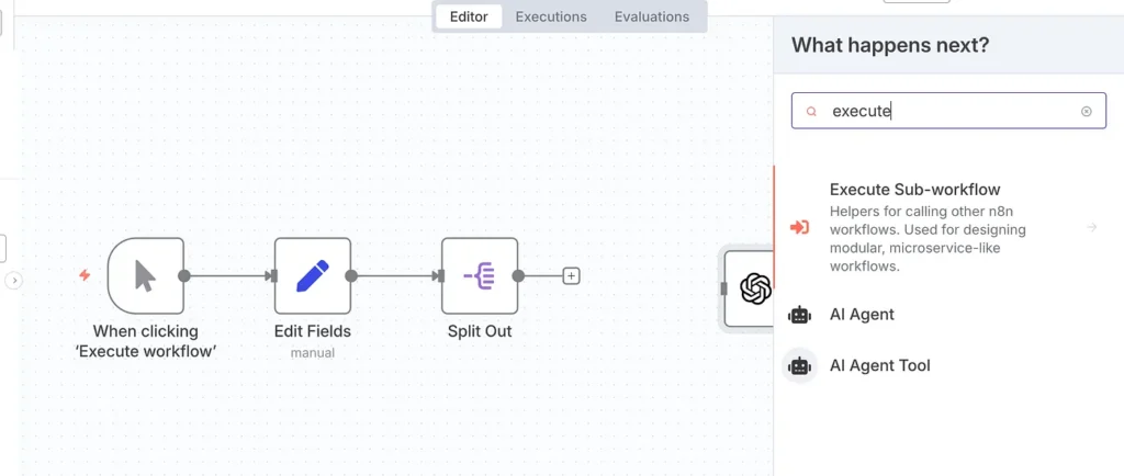 Screenshot of an n8n workflow editor showing nodes labeled ‘When clicking Execute workflow,’ ‘Edit Fields,’ and ‘Split Out,’ with the right sidebar suggesting the ‘Execute Sub-workflow’ node under the search term ‘execute.’